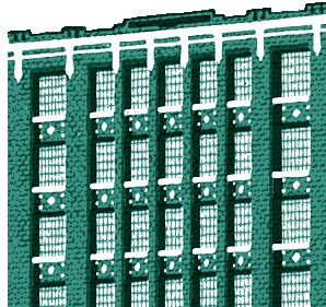 Part of illustration of Dundas + Carlaw district showing green building