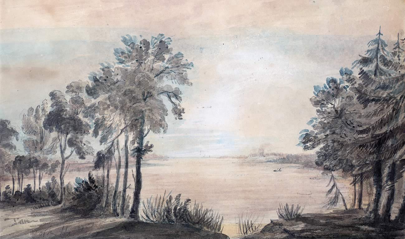 Colour drawing of the mouth of a river with trees on each side. The sky is misty and the light golden.