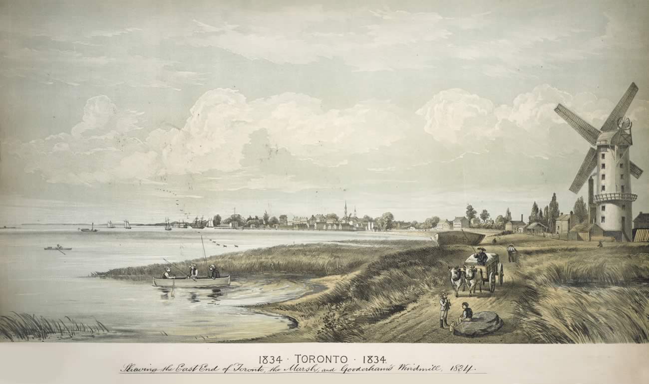 Colour drawing showing Toronto Harbour. The city is in the background and two church steeples are pocking out in the background. In the foreground, there is a path with an ox-drawn cart and a mill to the right. To the left, people are fishing in the harbour. A flock of birds is leaving the marshes.