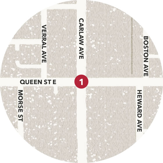Stop 1 map showing start location for tour at the southwest corner of Queen St East and Carlaw Ave (943 Queen St East)