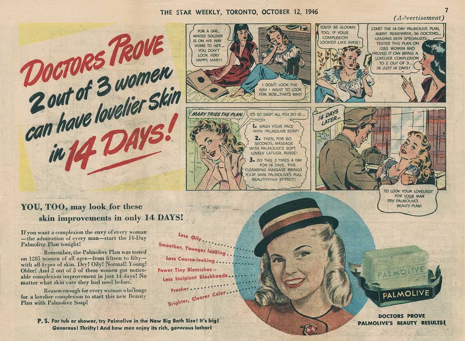Colour image of newspaper page, featuring three cartoon advertisements. All are geared towards women promising better skin, sparkling teeth, glamorous hair, and romance.