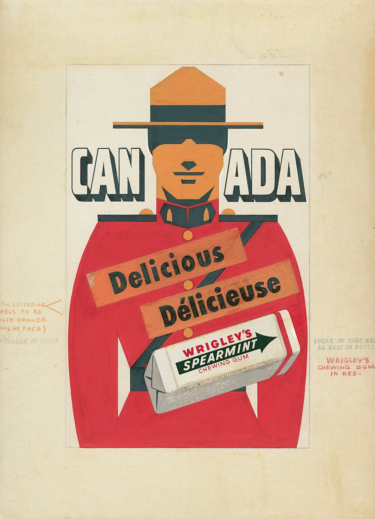 Poster advertisement for Wrigley's Spearmint gum featuring a drawing of an RCMP officer in red dress uniform. The tagline reads: 