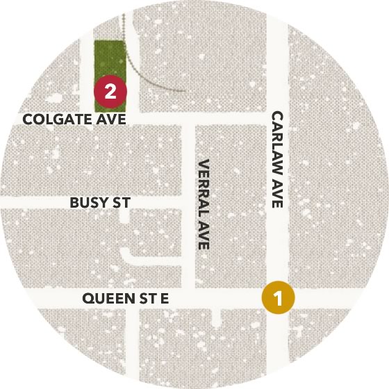 Stop 2 map showing path from Stop 1 to 2: Cross the street at the lights and head west on the northside of Queen St. until Verral Ave. Reliable Fish and Chips is at the corner. Go north on Verrall Ave. until Colgate Ave. Head west on Colgate St. and walk 100 metres. Careful! This is a residential street but there is no designated crosswalk. Cross Colgate St. safely to John Chang Neighbourhood Park. Can you find the plaque? This is your stop.