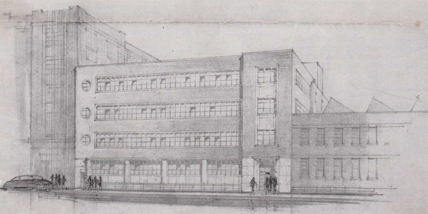 Black and white artist's sketch of the Rolph-Clark Stone addition with street featuring pedestrians and a vintage automobile.