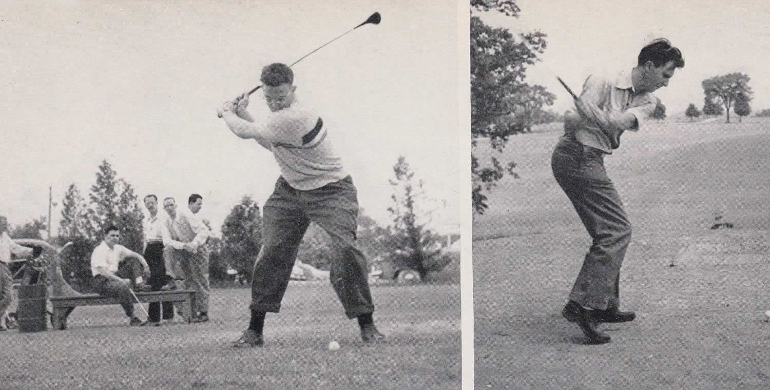 Two black and white photographs of men golfing.
