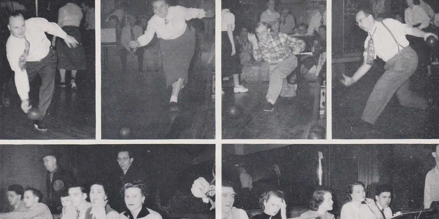 Composite of 6 black and white photograph. Four shots of people throwing bowling balls, 3 men and one women in a skirt. Below, two photographs of the score keepers and players waiting for their turn. One little girl with a bonnet is the frame of the left side image.