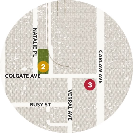 Stop 3 map showing path from Stop 2 to 3: Head east towards Carlaw Ave. The next stop is at the southwest corner of Colgate Ave. and Carlaw Ave. From here you can see the Rolph-Clark-Stone building on the east side of Carlaw - stay on the west side of Carlaw Ave. for a better view.