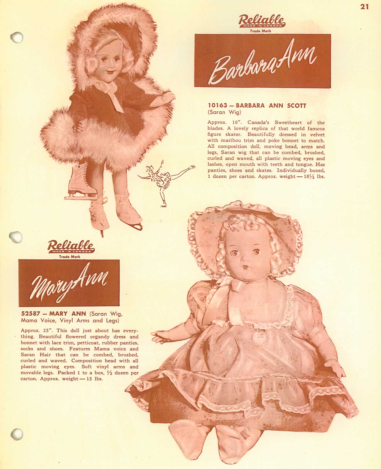 Digital scan of a page from the 1950 Reliable Toy catalogue featuring the company's Barbara Ann Scott and Mary Ann dolls. The Barbara Ann Scott doll was one of the company's most successful products.