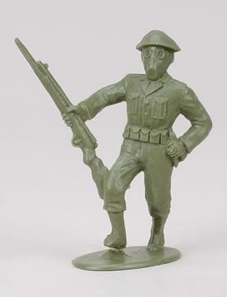 Green plastic toy soldier, front view