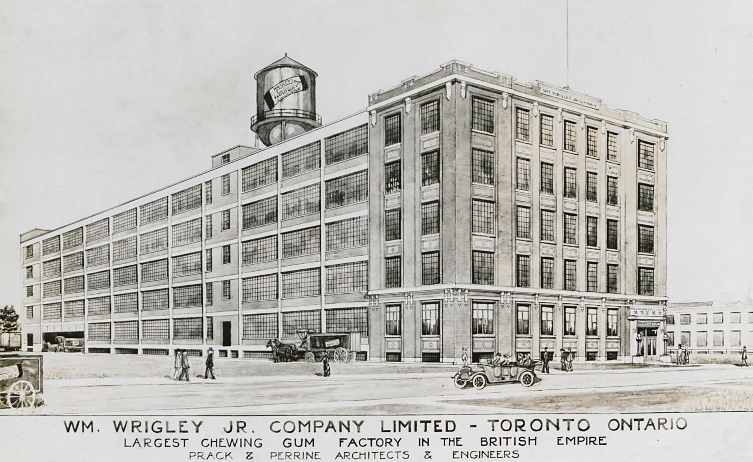 Black and white drawing of the Wm. Wrigley Jr. Co. factory in 1914. The building have five floors with large windows. Written below the drawing is the caption: 'Largest chewing gum factory in the British Empire; Prack & Perrine Architects and Engineers'.