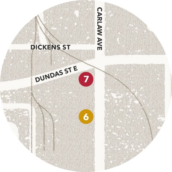 Stop 7 map showing path from Stop 6 to 7: Continue north on Carlaw Ave. until you reach the Dundas St. East intersection. Our next stop is at the southwest corner of Dundas and Carlaw Ave.
