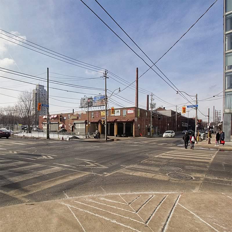 Dundas St East and Carlaw Ave intersection seen from the southeast corner, March 2019.
