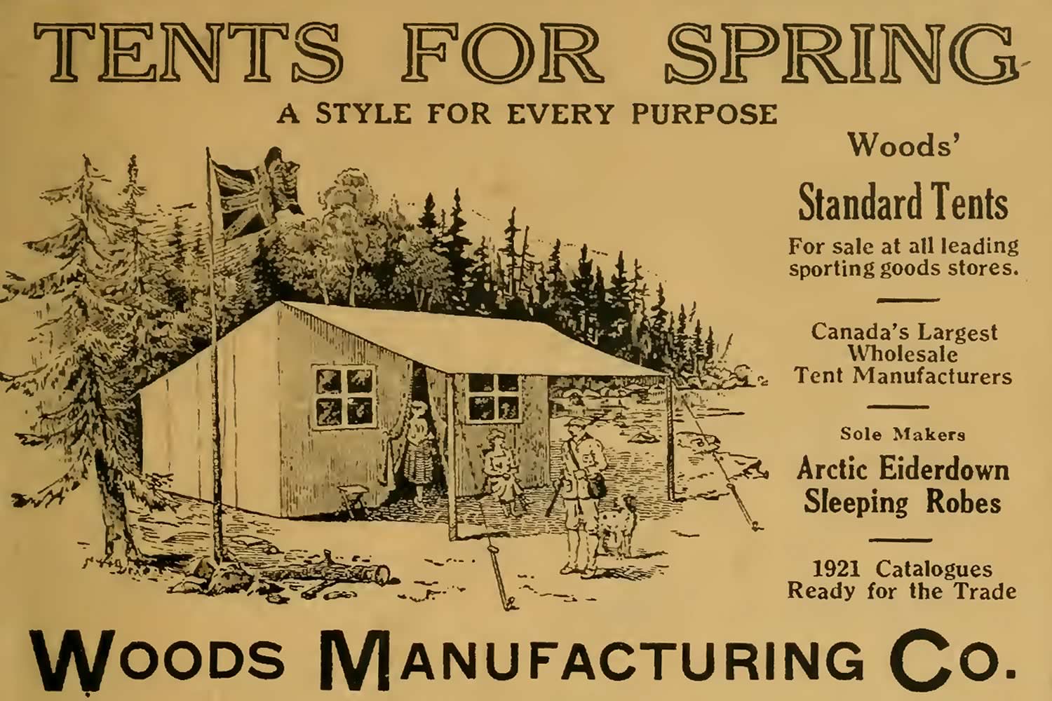 Black and white image of an advertisement for Woods Manufacturing Co. Ltd. tents and sleeping clothes with a prominent illustration of a family in a tent in a pine forest clearing. The text reads: 'Tents for spring: a style for every purpose'.