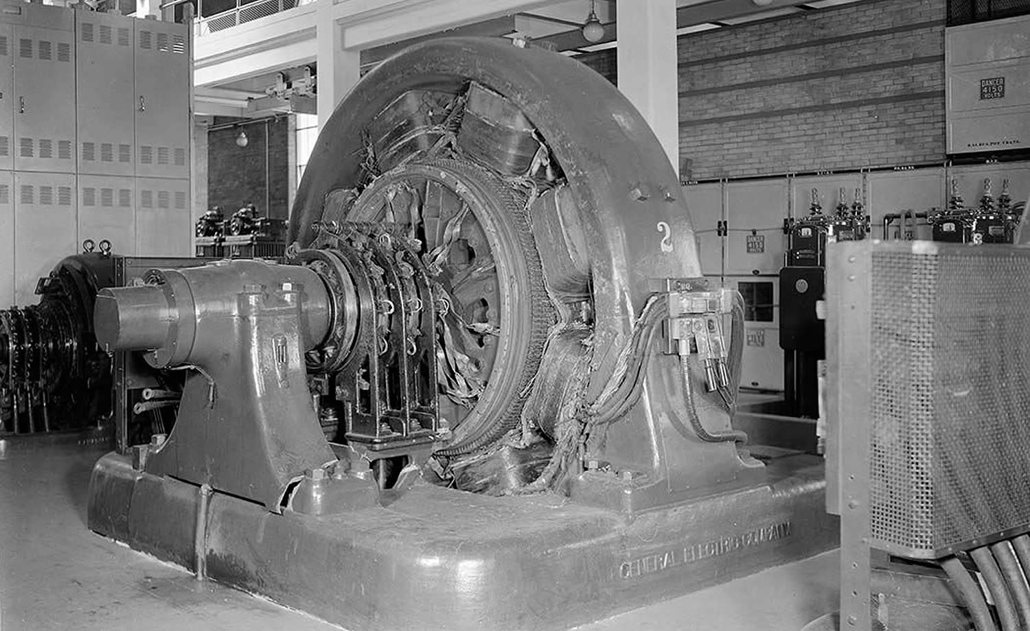 Black and white image of very large electrical machine.