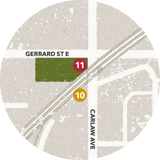 Stop 11 map showing path from Stop 10 to 11: Continue north on Carlaw Ave. Our last stop is in the park just after the underpass, located on the southwest corner of Carlaw Ave. and Gerrard St.