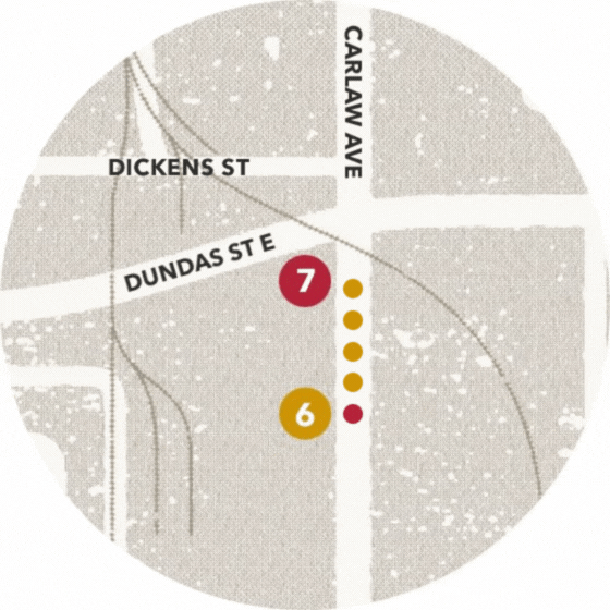 Map to Next Stop at the Dundas and Carlaw intersection