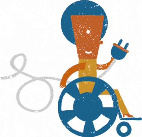 Animation of a figure in a wheelchair holding an electrical plug