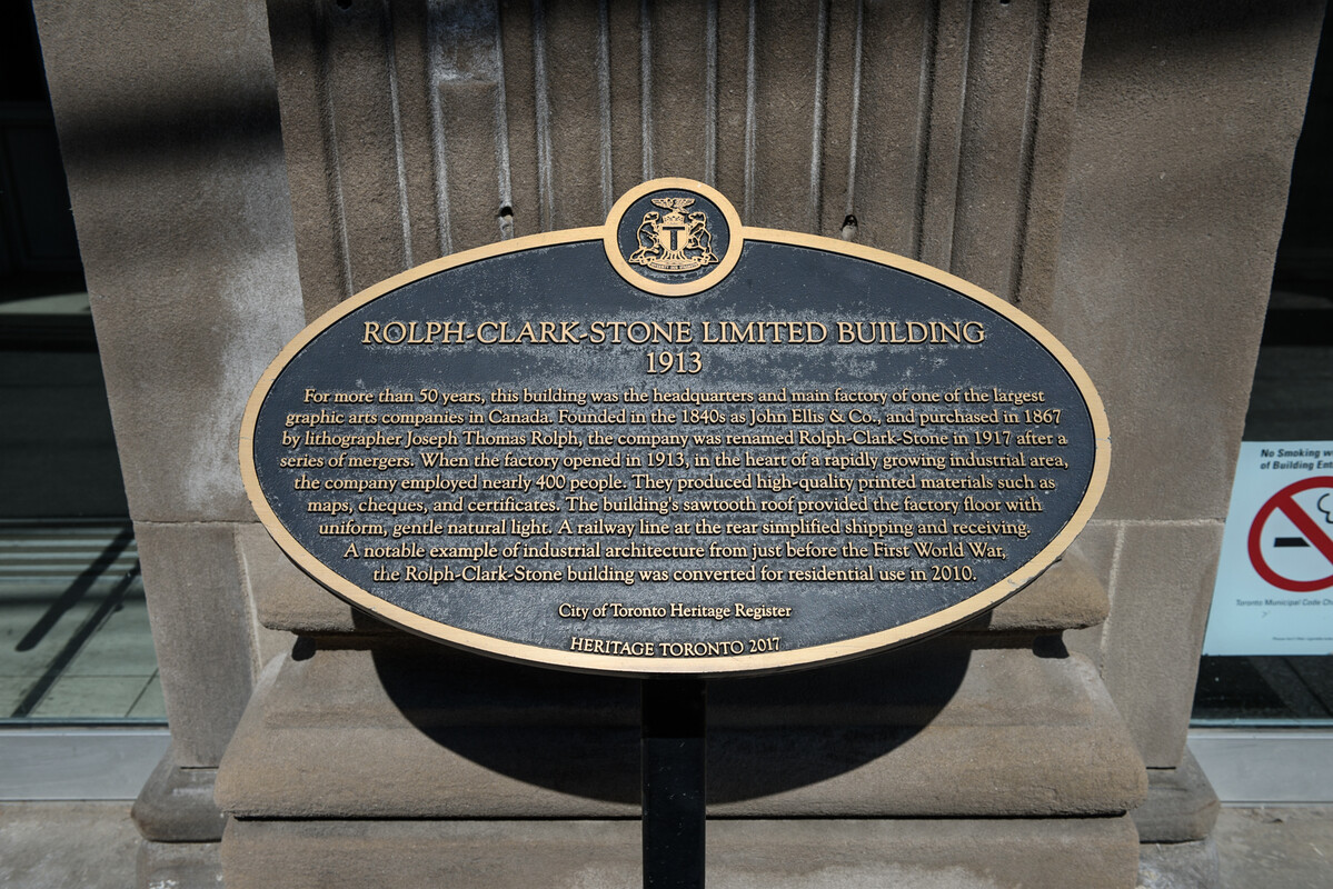 Plaque titled "Rolph-Clark-Stone Limited Building, 1913."