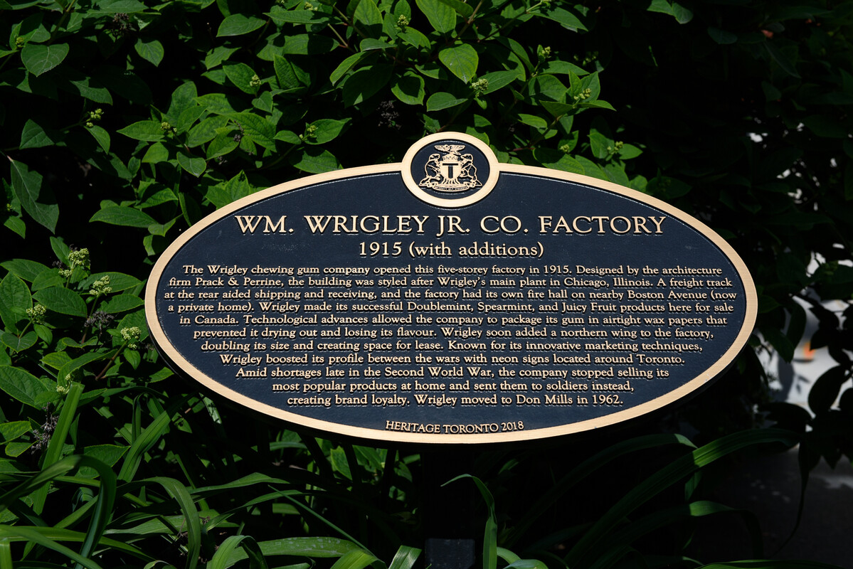 Plaque titled "WM. Wrigley Jr. Co. Factory, 1915 with additions."